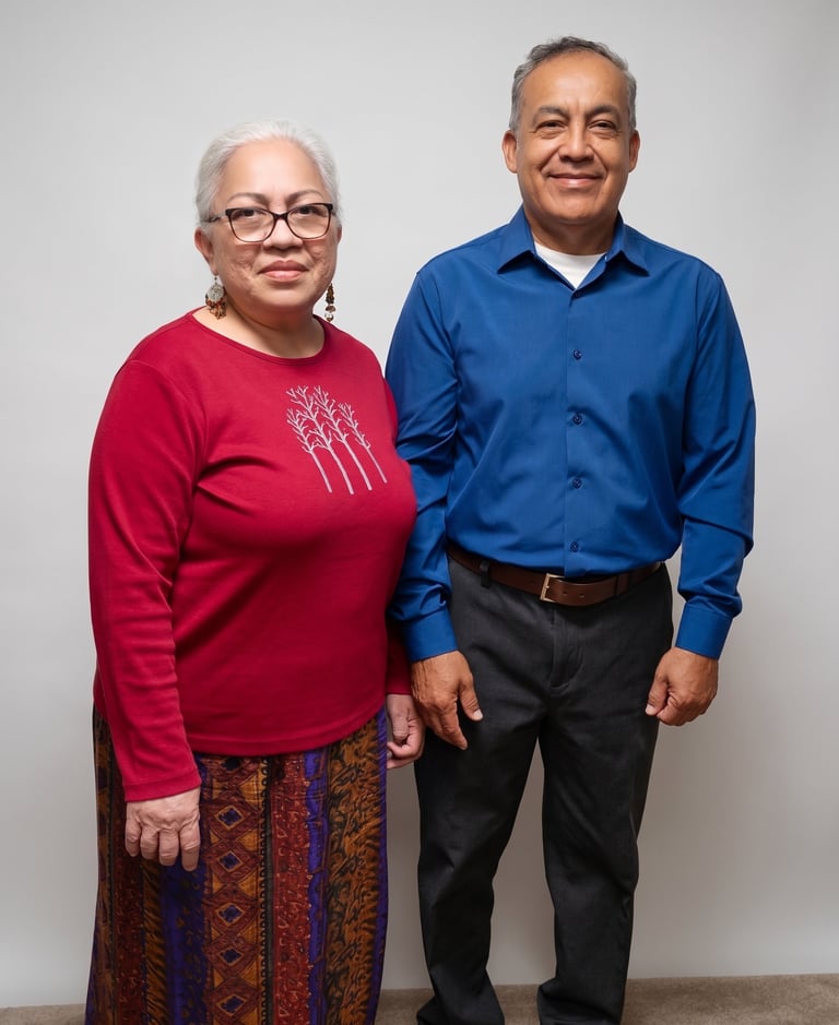 Two middle-aged adults standing together against a light gray background. Woman on left wears red top with glasses; man on right wears blue button-up shirt and black pants.
