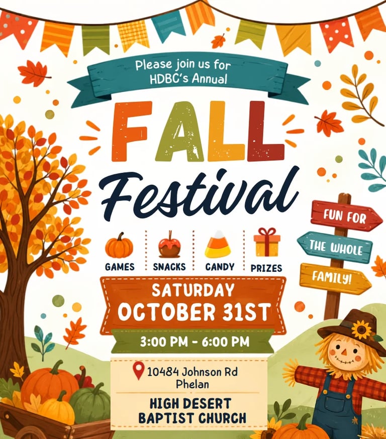 HDBC Annual Fall Festival flyer advertising games, snacks, candy and prizes on Saturday October 31st from 3-6 PM at High Desert Baptist Church